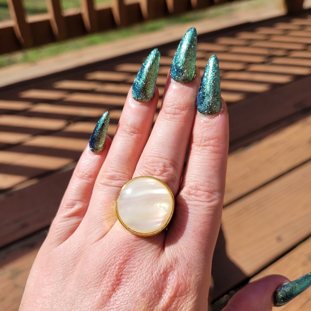 Mother Of Pearl Titanium Gold Plated Chunky Ring - Picture 9 of 16